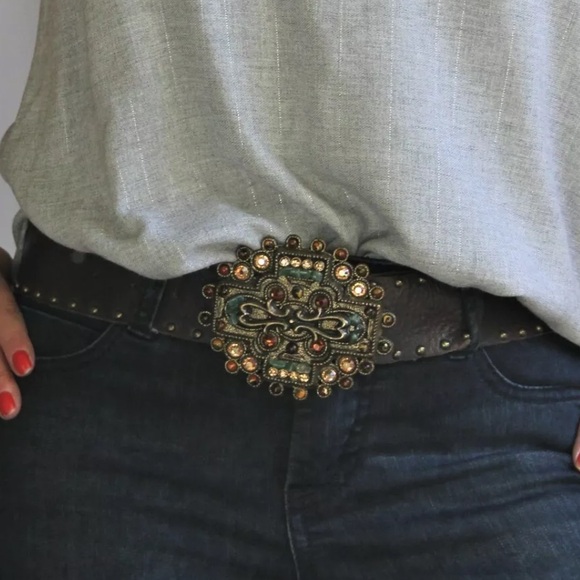 Leatherock Accessories - Leatherock Studded Brown Leather Belt Precious Stones Swarovski Crystal Buckle